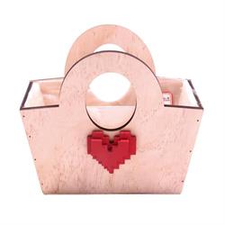 Borsina Legno C/Cuore Rosso Pixel Naturale h 13/20 cm l 22x11 cm