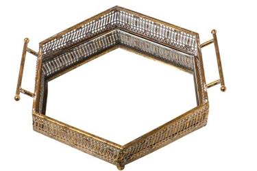 Vassoio Metallo C/Specchio Oro h 10.5 cm l 35.5x33 cm