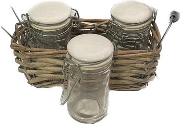 Set Cestino Vimini C/Manici h 10 cm l 21 cm + 3 Barattoli Vetro