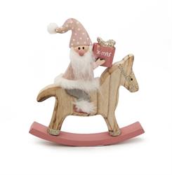 Babbo Natale Su Cavallo Legno Rosa h 21 cm l 16 cm