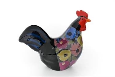 Gallina Ceramica Nero C/Fiori h 19.5 cm l 24x11.5 cm