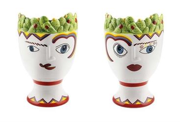 Busto Ceramica Dipinto Ficodindia Coppia M/F h 18.5 cm Ø 11.5 cm