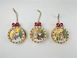 Decorazione Legno Rosso C/Led Da Appendere 3 Ass Ø 12 cm