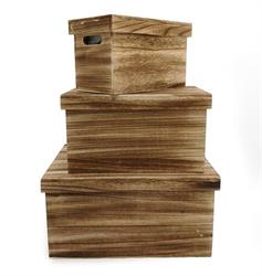 S/3 Scatola Legno C/Coperchio Marrone Gr. h 20 cm l 38x28.5 cm