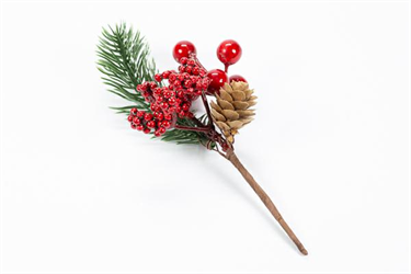 Pick C/Bacche Pigna e Foglie Rosso h 16 cm