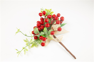 Pick Bacche C/Foglie E Nastro Rosso h 20 cm