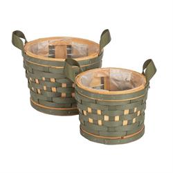 S/2 Cesto Legno Tondo C/Manici Verde h 15 cm Ø 20 cm