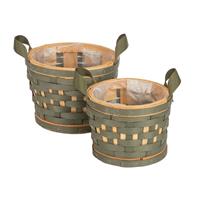 S/2 Cesto Legno Tondo C/Manici Verde h 15 cm Ø 20 cm